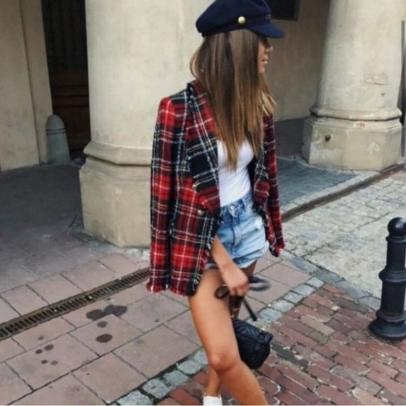 ZARA | RARE Plaid Tweed Red Checkered Frayed Hem Collared Blazer (Size XS) - Picture 11 of 15